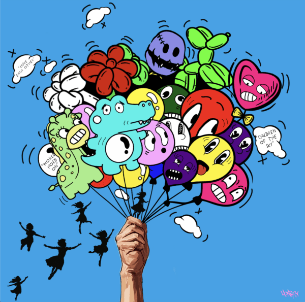 Close-up of balloon details in "Children of the Sky" artwork by Henrix